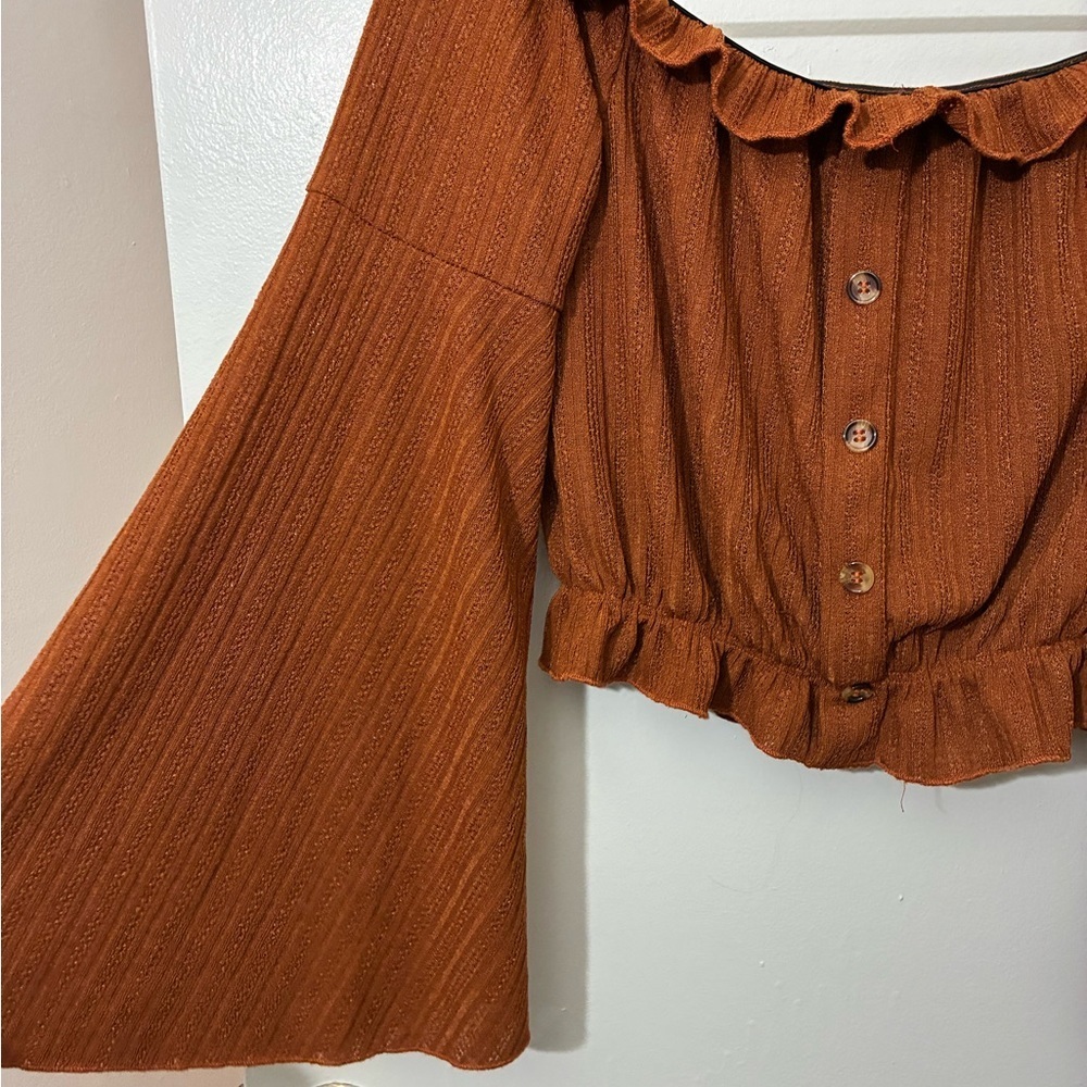 Zaful Rust Button-Up Ruffled Blouse Size M - Picture 2 of 4